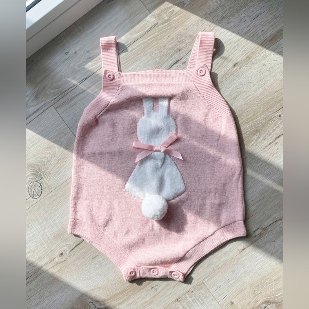 Bunny Knit Overall Romper With Bow & Cotton Ball Tail Sz 9-12 M